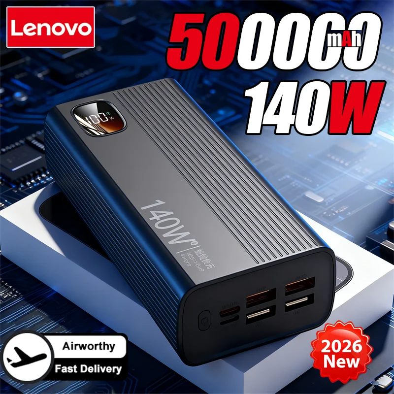 Lenovo 500000mAh 140W PowerBank Super Fast Charge Portable Powerbank External Battery Charger LED Display For iPhone