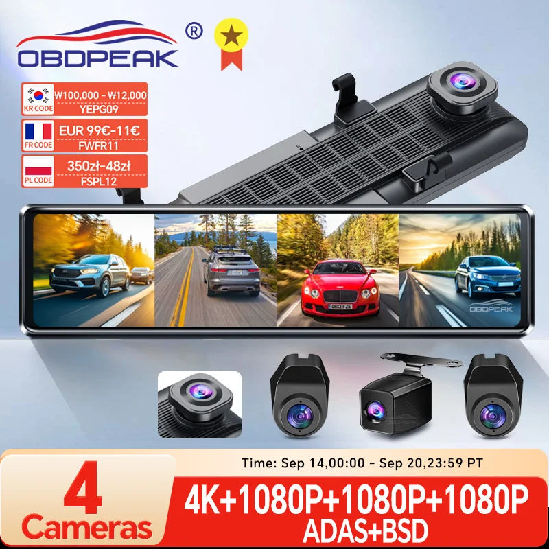 A8 4CH Dash Cam 11.26 Inch 4K WIFI Rear View Mirror 4 Cameras Video Recorder Car DVR Dual Lens ADAS BSD Night Vision 24H Parking