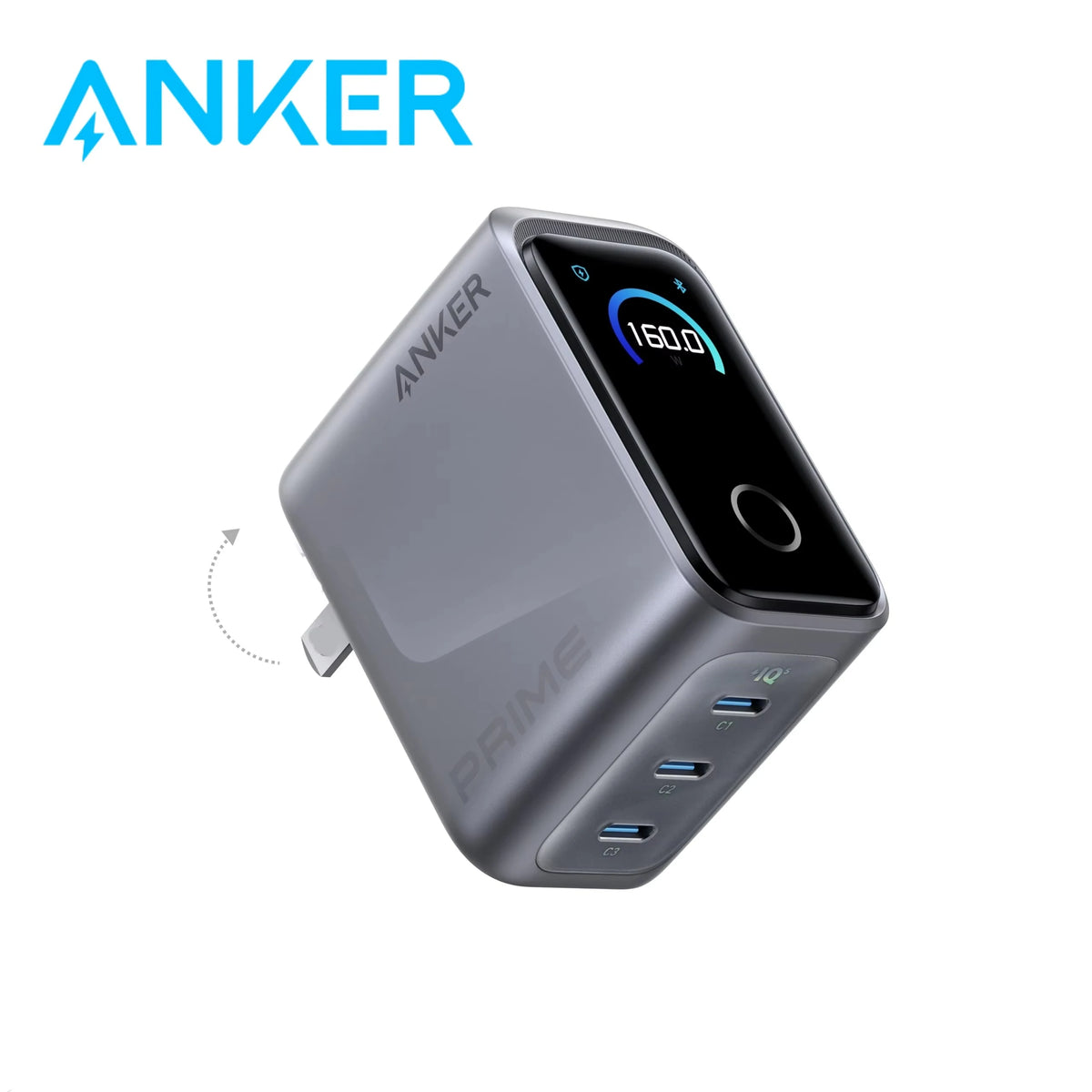 New Anker Prime Charger, 160W 3-Port Compact USB C GaN Charger Block, Smart Display and Touch Control, 140W Max Charging via
