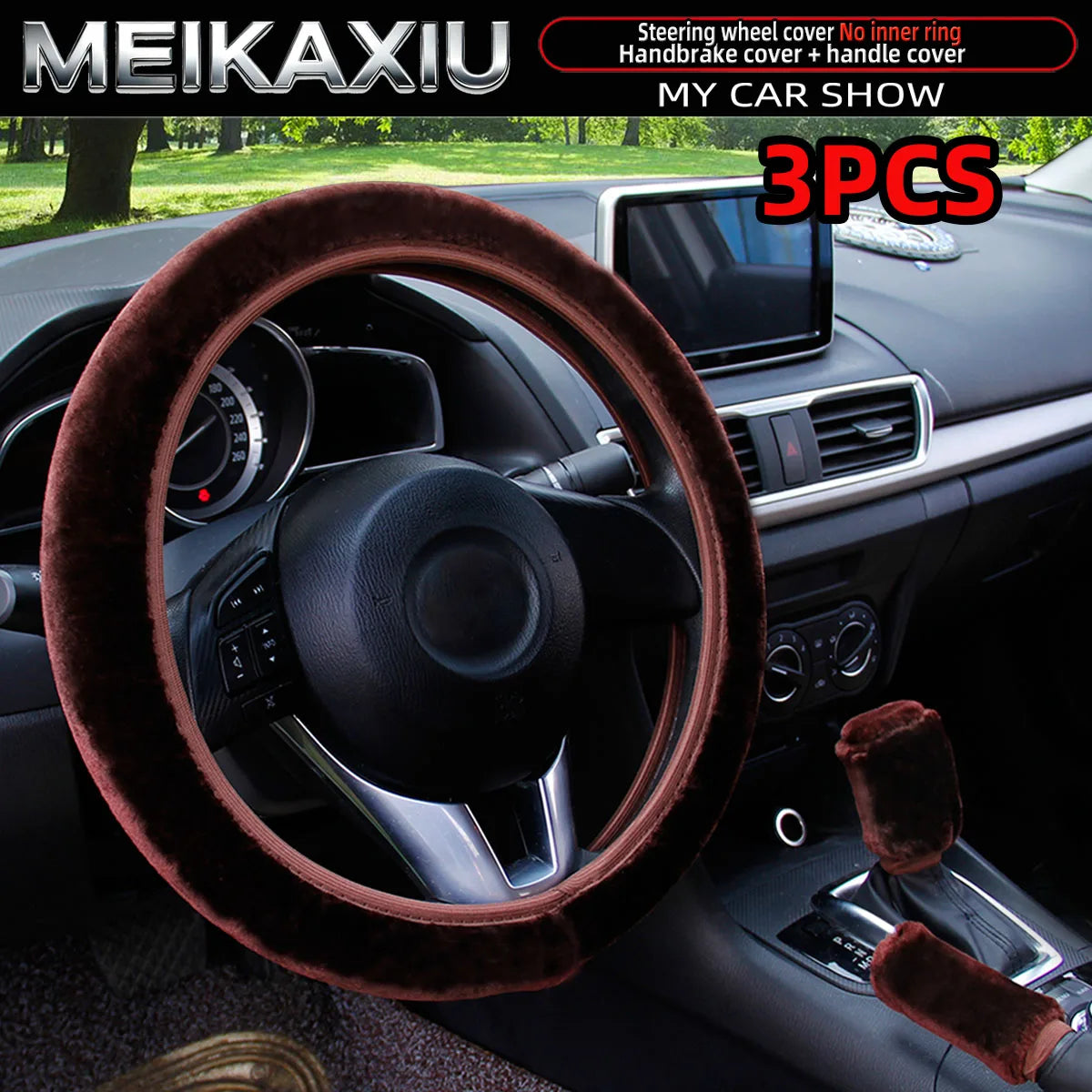 3PCS winter black and pink plush warm car non-ring steering wheel cover, handbrake cover, gearshift cover, women's style
