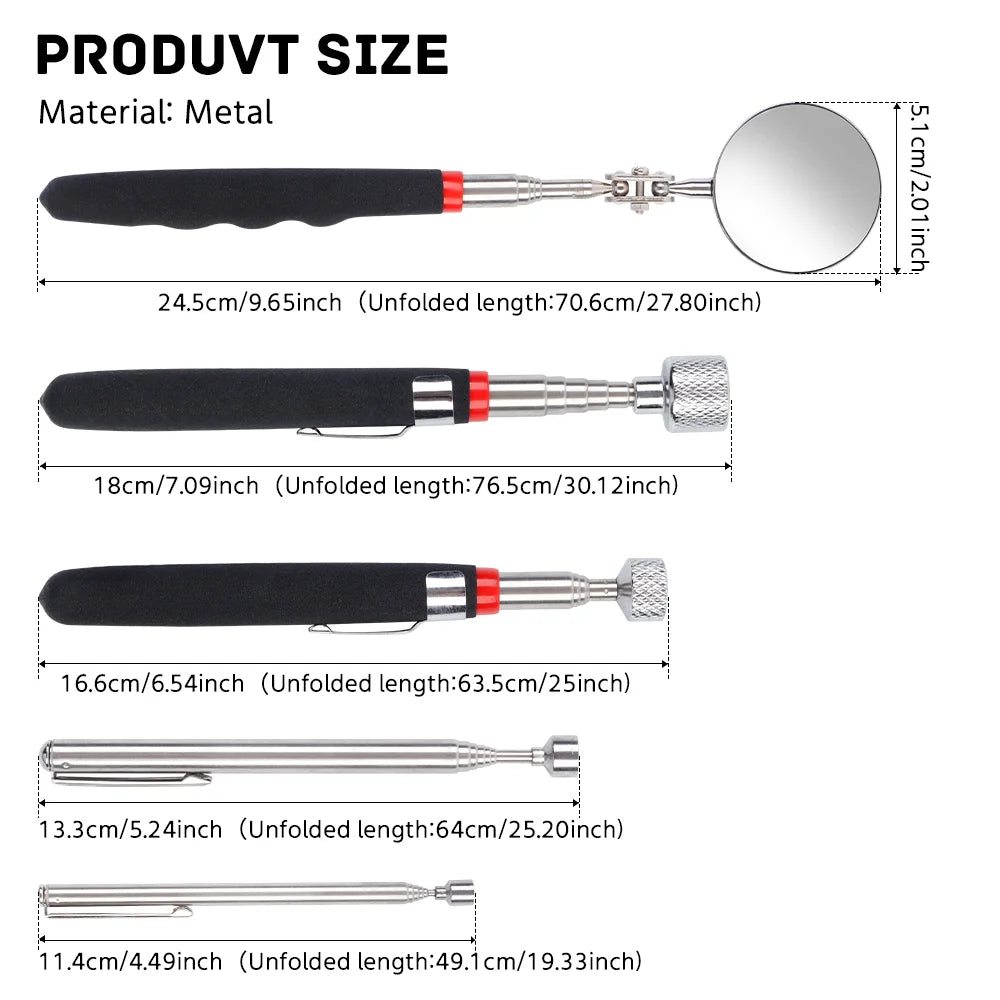 5PCS Telescopic Magnetic Pickup Tool, Portable Extendable Magnet Wand With Inspection Mirror, 360° Rotation, For Car Maintenance CM World