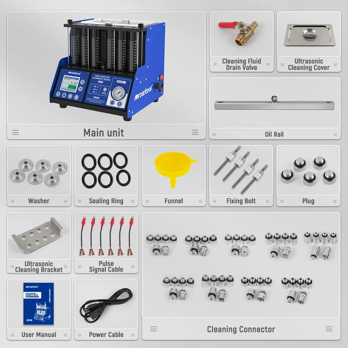 MR CARTOOL V310 Fuel Injector Cleaner & Tester Machine, 6‑Cylinder Ultrasonic Cleaning Tester for GDI EFI FSI Petrol Car Injector Nozzle, Auto Fuel System Diagnostic Inspection Tool for Repair Workshop