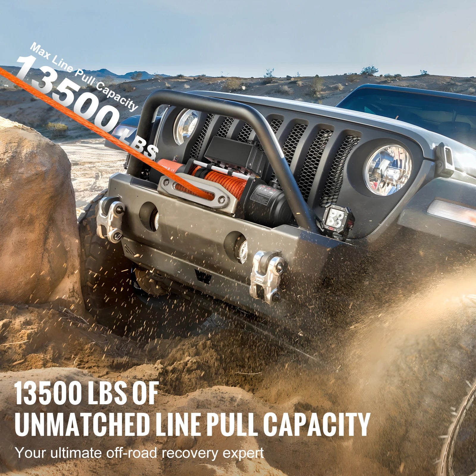 SucceBuy 13500lbs Electric Winch with 3/8in 80ft Synthetic Rope Wireless Truck Winch IP55 Waterproof for Towing Road SUV Jeep CM World