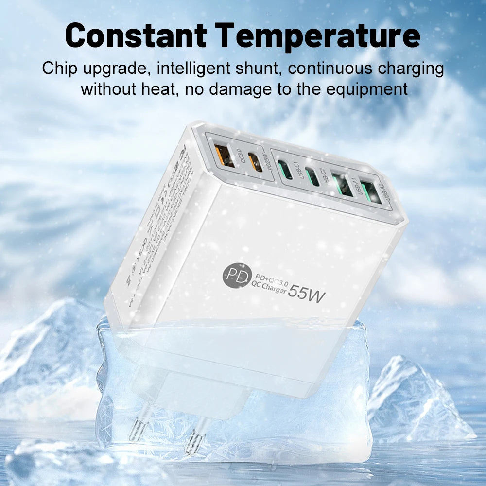 55W 3 USB 3 PD Charger Fast Charging QC3.0 Travel Charger For iPhone 15 14 Samsung Xiaomi Mobile Phone Adapter EU KR US UK Plug Car Mobile World
