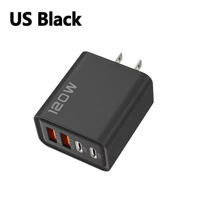 4 Ports 120W Charger USB C PD Quick Charge 3.0 Type C USB Phone Chargers Fast Charging Adapter For iPhone Samsung Xiaomi Huawei Car Mobile World