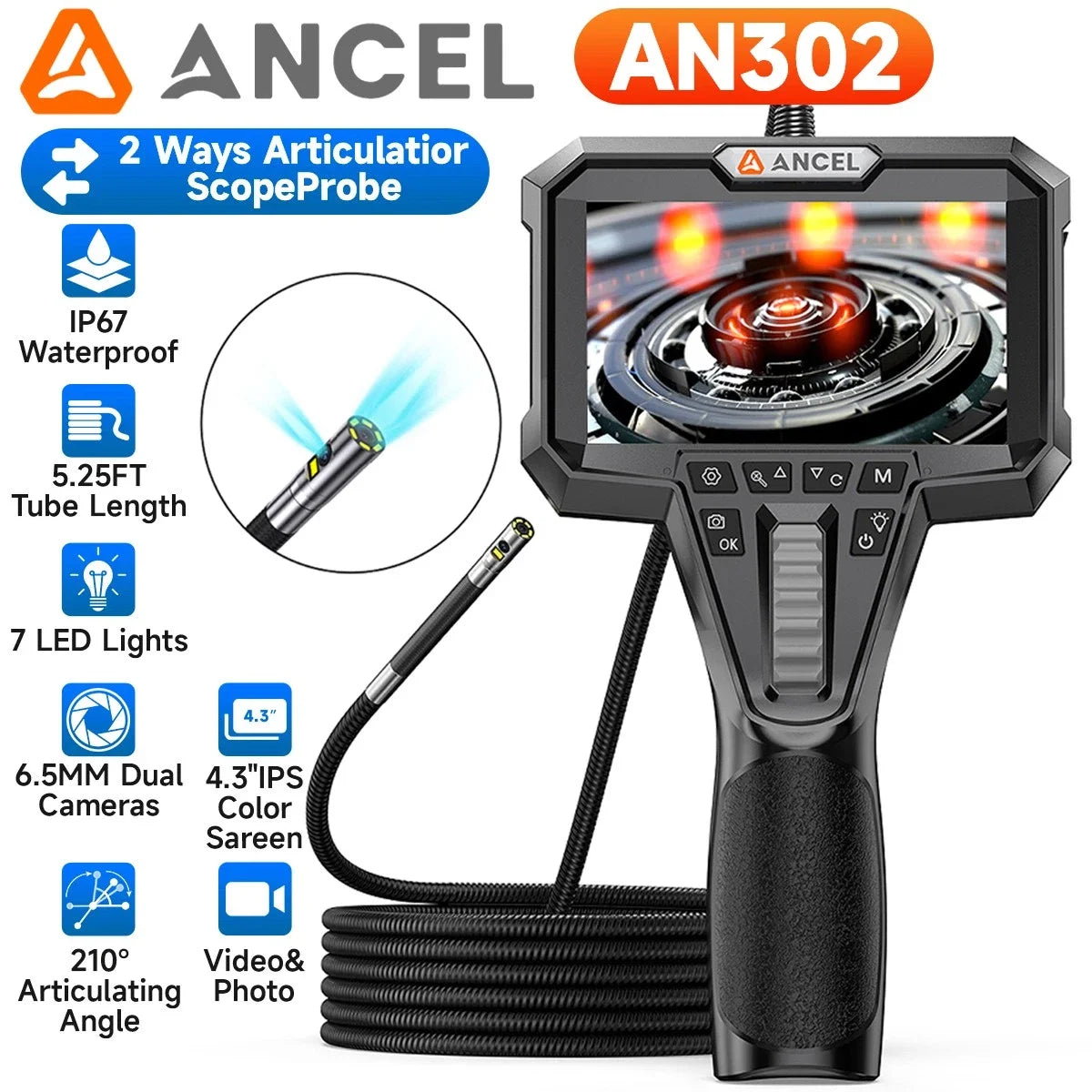 Two-Way Articulating Borescope IP67 6.5MM Dual Lens Endoscope Inspection Camera 7 LED Lights ANCEL Car Inspection Tools