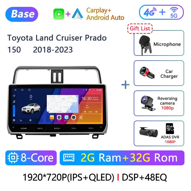 12.3" 2 Din Android Car Radio Multimedia DVD Player For Toyota Land Cruiser Prado 150 2018-2023 Navigation GPS Carplay Head Unit CM World