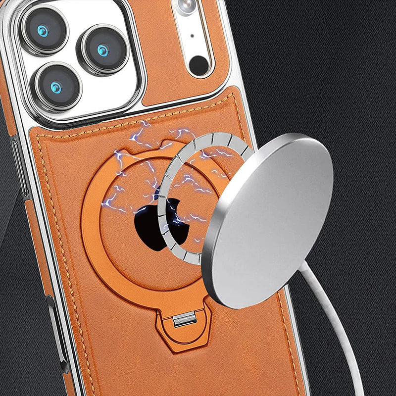 Magnetic Rotat Bracket Luxury Leather Phone Case For iPhone 11 12 13 14 15 16 17 Pro Max Plus Wireless Charging Shockproof Cover Car Mobile World