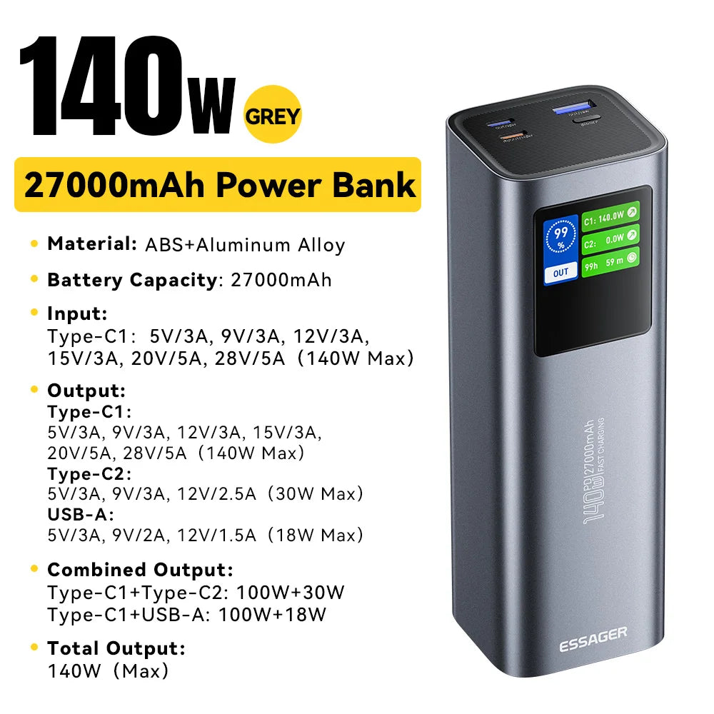 ESSAGER 140W Power Bank 27000mAh PD3.1 Super Fast Charging Digital Display Portable PowerBank for Macbook Laptop iPhone 17 16 15 Car Mobile World