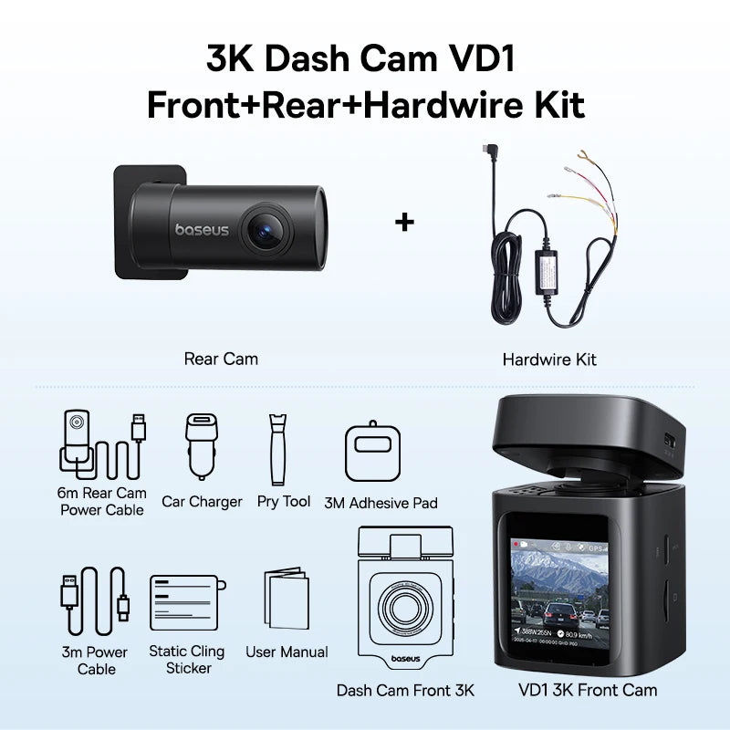 Baseus 3K Dash Cam VD1 Front and Rear Cam HD Built-in GPS Galileo Supercapacitor Car DVR Car Camera Recorder Support 24H Parking Car Mobile World