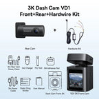 Baseus 3K Dash Cam VD1 Front and Rear Cam HD Built-in GPS Galileo Supercapacitor Car DVR Car Camera Recorder Support 24H Parking Car Mobile World