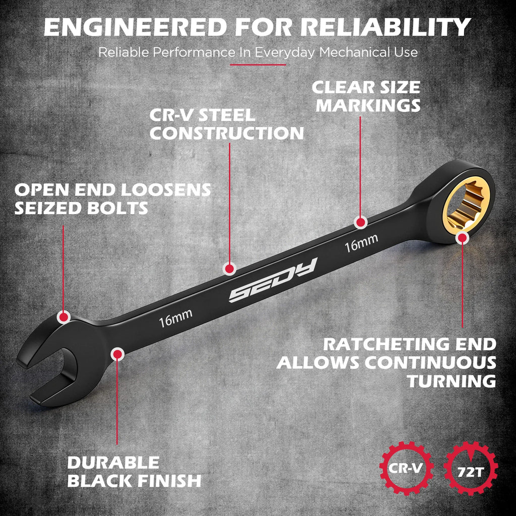 SEDY 24Pcs Ratcheting Wrench Set 72-Tooth CR-V Steel with Durable Black Finish Ratchet Spanners with Roll-Up Tool Pouch Repair