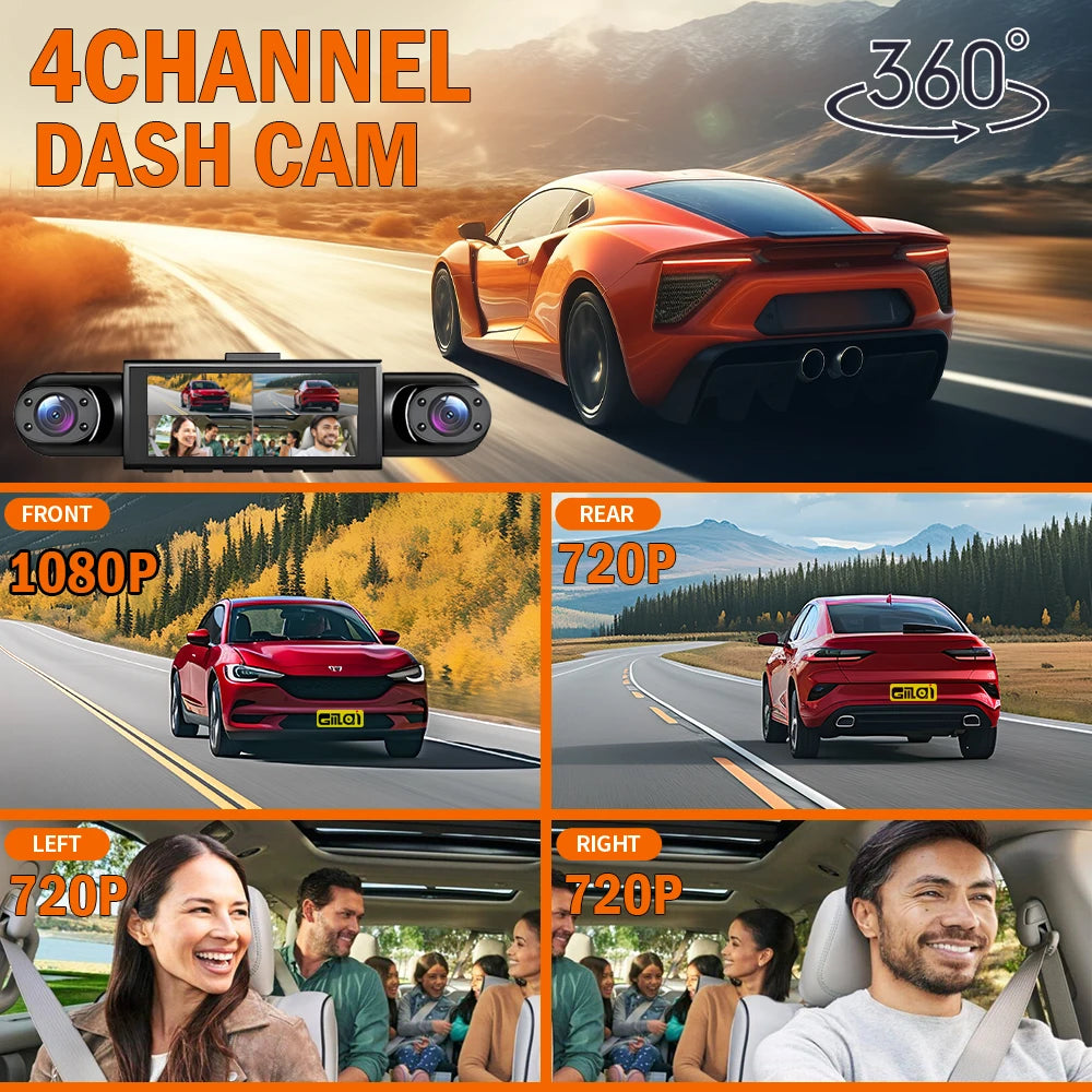 4 Channel Dash Cam 360° Car Video Recorder Black Box with Night Vision 24/7 Parking Monitor G-Sensor Loop Recording Auto Parts Car Mobile World