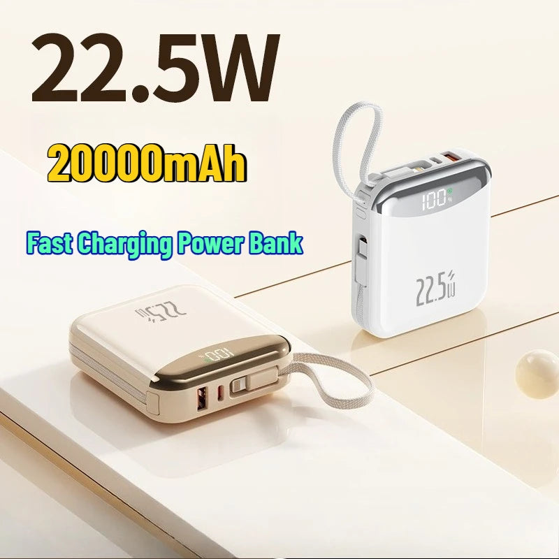 22.5W Super Fast Charging Power Bank with Built-in Cable 20000mAh Portable Ultra-Thin and Mini Car Mobile World