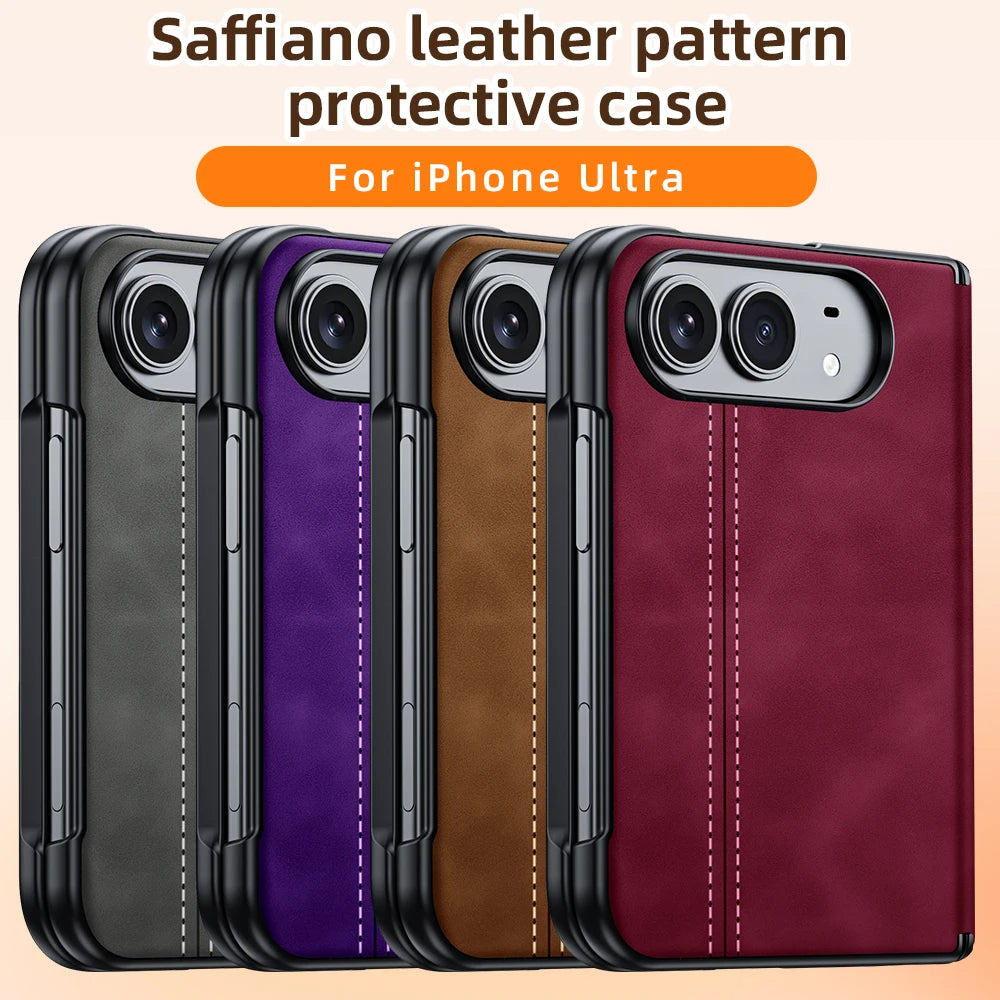 For iPhone Duo Luxury Saffiano Leather Pattern Screen Film Glass Phone Case for iPhone Duo Hinge Protection Cove