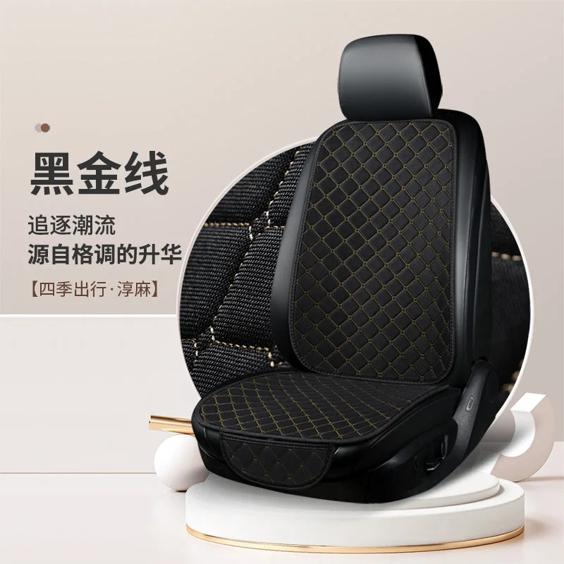 Universal Car Seat Cushion with Backrest Beige Linen Diamond Quilted Four Seasons Breathable Non-slip Auto Seat Cover Protector