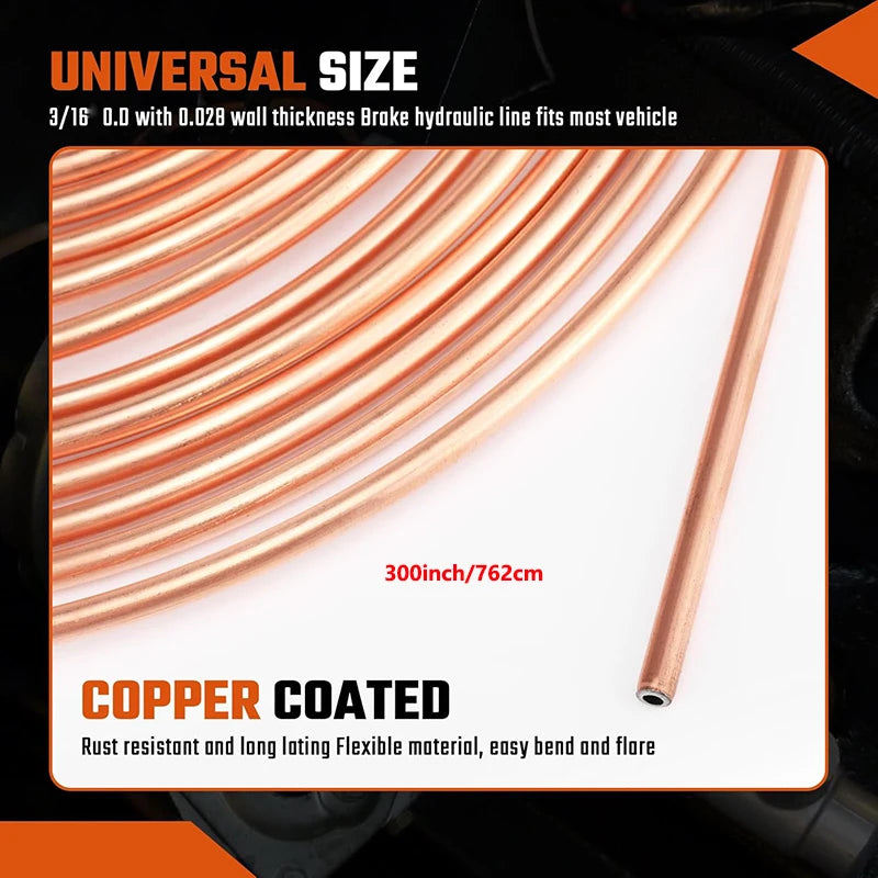 25Ft 3/16'' Brake Line Kit with 16 Fittings and 4 Unions Brake Pipe Fittings,Brake Line Double & Single Flaring Tool Kit CM World