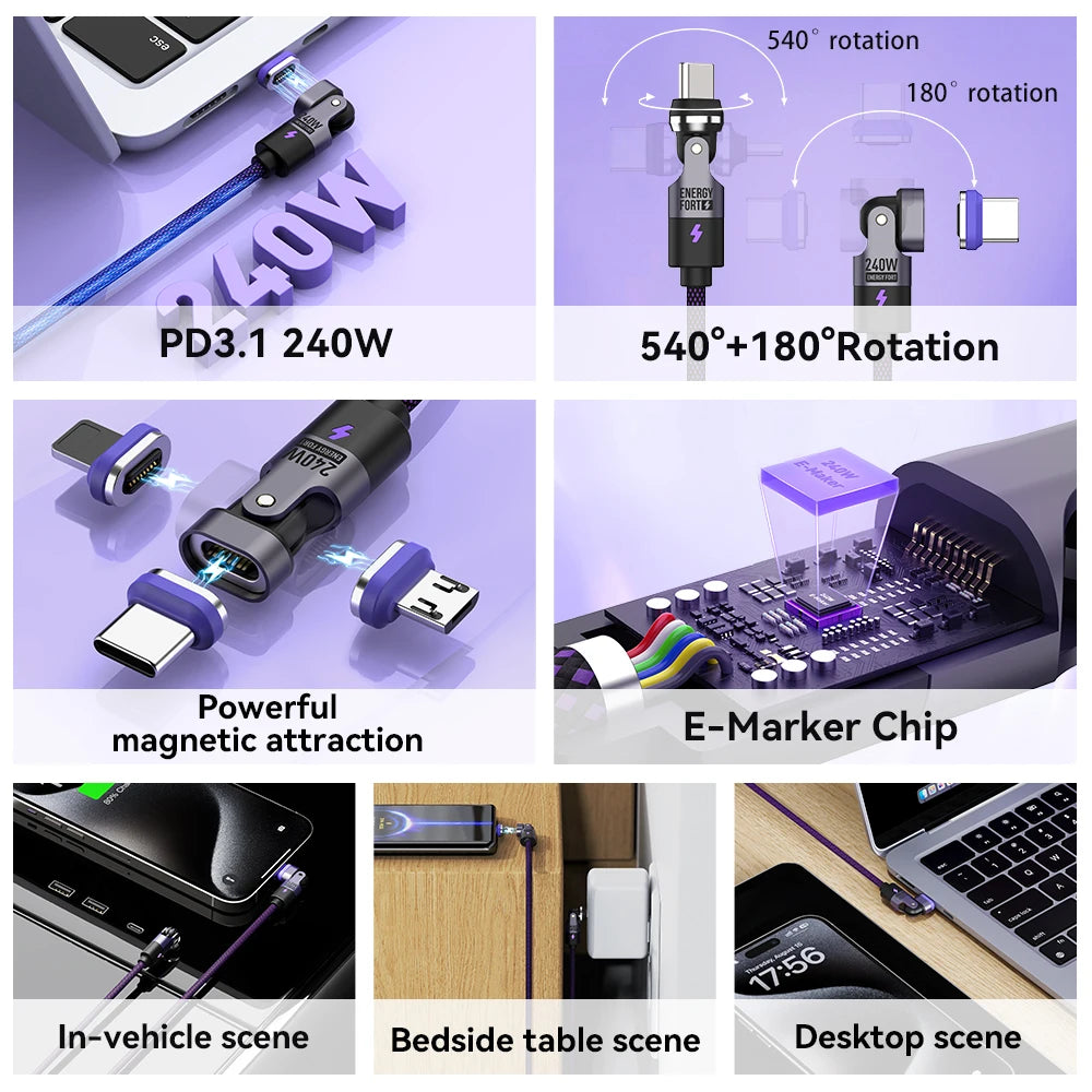 240W PD3.1 Fast Charging Cable 540° Rotation Type C 5A Cable nylon material  for iPhone MacBook Samsung UGREEN/Anker powerbank
