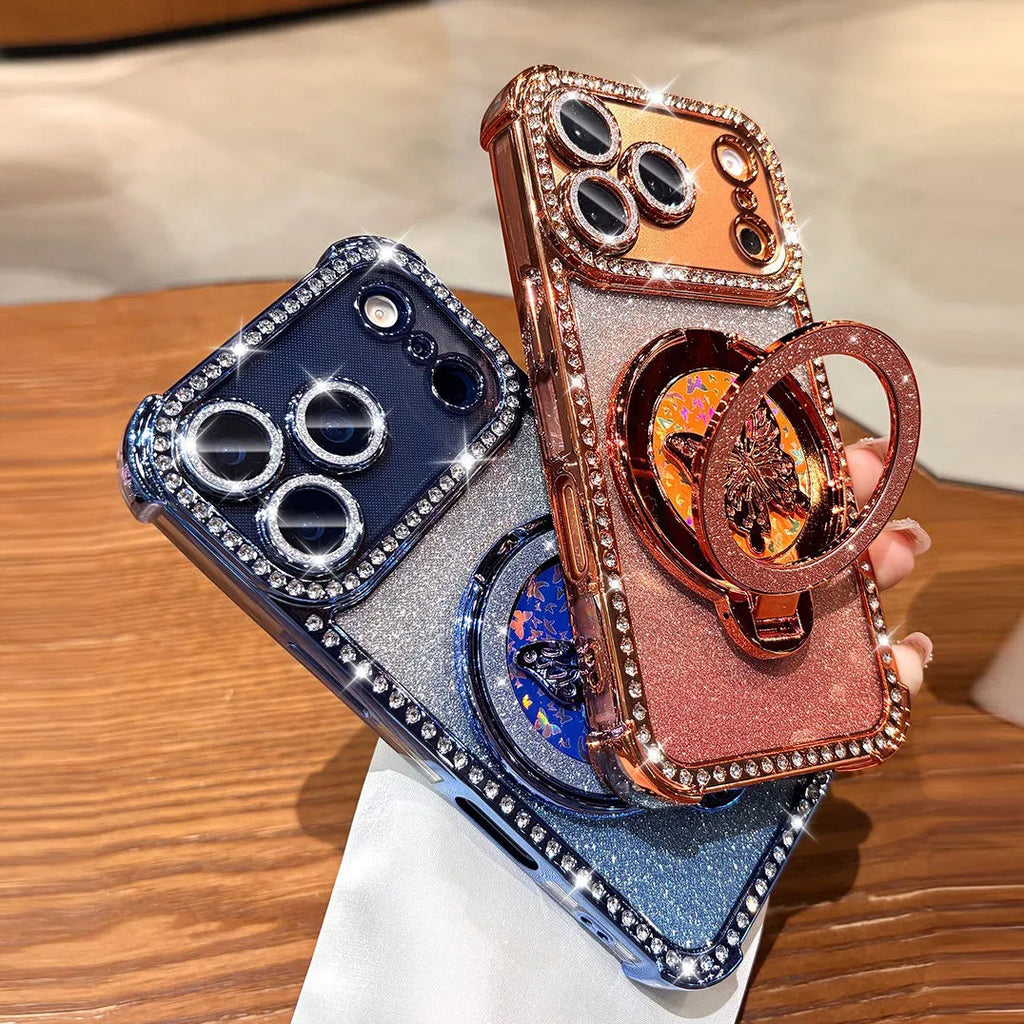 Butterfly Stand Holder Cases For iPhone 17 Pro Max Glitter Diamond Airbag Plating TPU Cover For iPhone 13 14 15 16 17 Pro Max