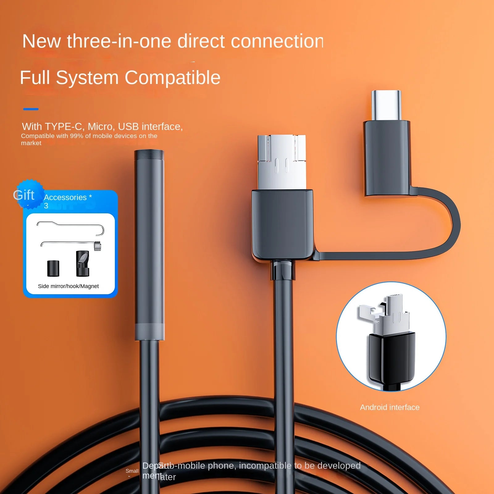 3 in 1 flexible endoscope high definition camera mobile Borescope soft endoscope Undercarriage Safety Inspection tools 7.0mm CM World