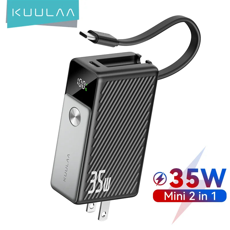 KUULAA Power Bank 5000mAh 35W Fast Charging Portable Charger with Built-in USB C Cables & AC Wall Plug US Charger For iPhone 17 Car Mobile World