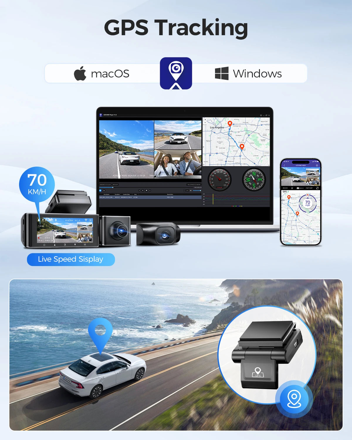 AZDOME Dash Cam M550 4K+2.5K Built-in GPS WiFi Car Dash Camera Front Inside Rear 3 Way IR Night Vision Car DVR Support Rear Cam Car Mobile World