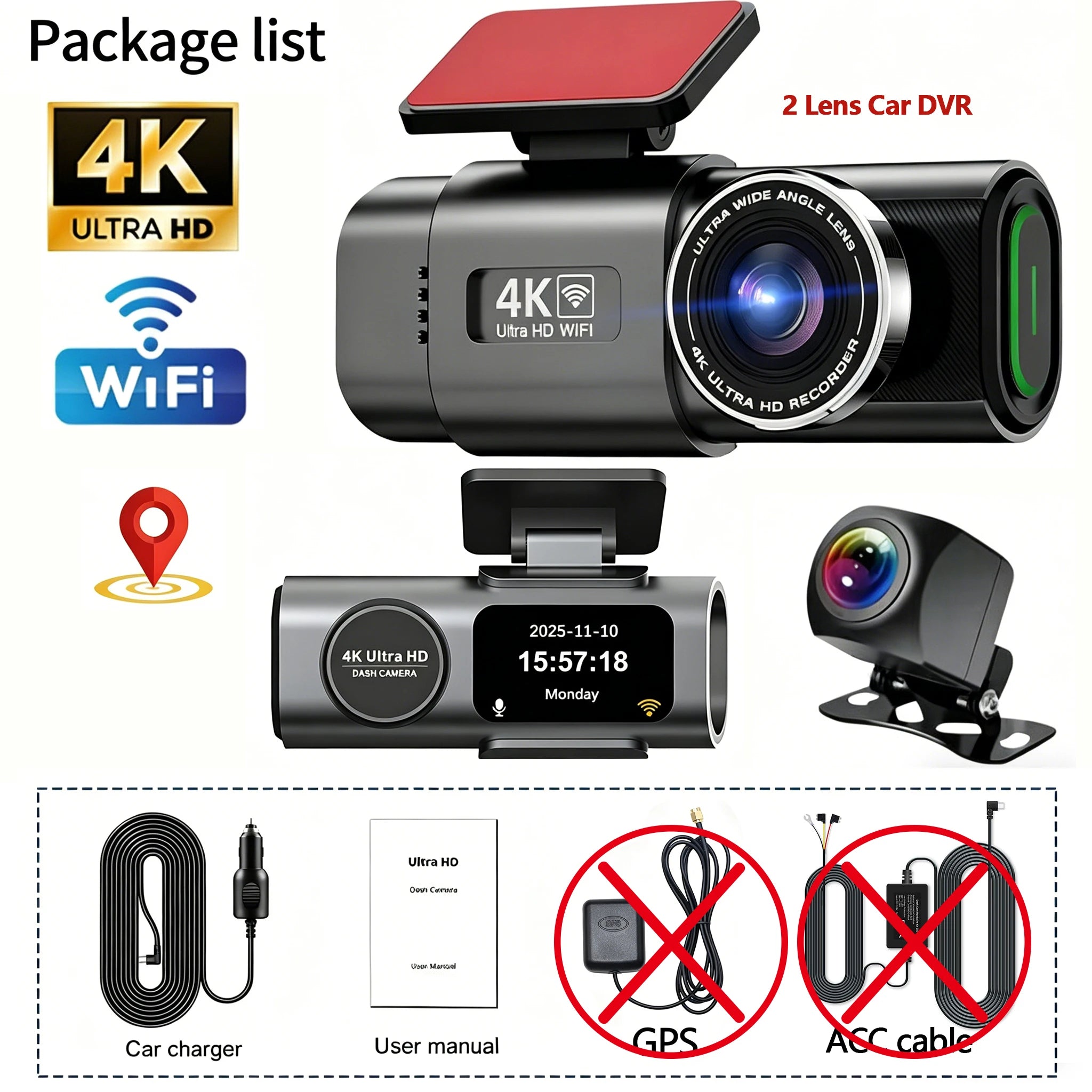 4K UHD Recording Dash Cam Video Recorder Car Camera DVR Night Vision Wi-Fi GPS 24H Parking Mini Front Rear Black Box Monitor Car Mobile World