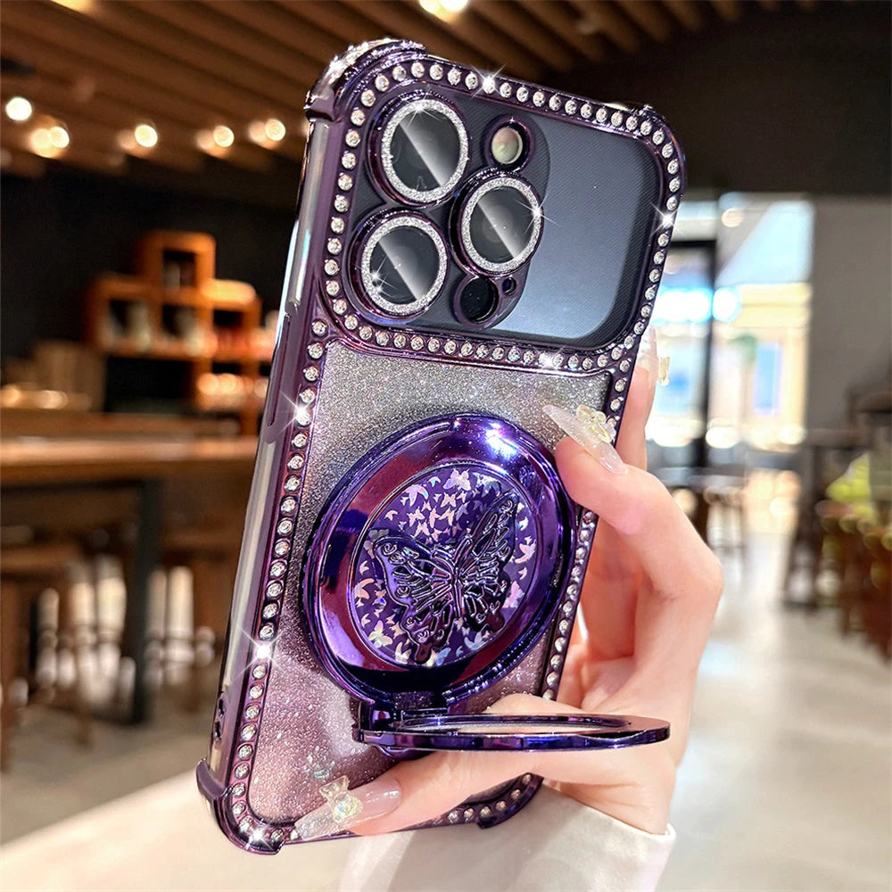 Rhinestone Lens Butterfly Bracket Glitter Phone Case for iPhone 17 16 Pro Max 15 14 13 Diamond Gradient Bling Shockproof Cover