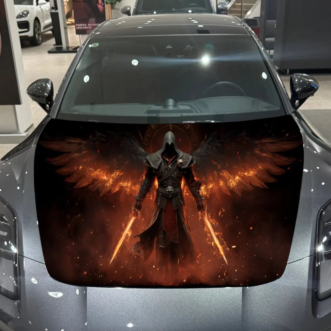 Blazing-Winged Assassin Car Vinyl Wrap, PVC Material Waterproof Car Hood Sticker, Self-Adhesive Scratch-Resistant Stickers for E