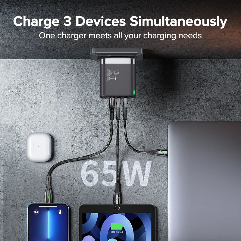 QOOVI 65W GaN Charger USB Type C Fast Charging Quick Charge 4.0 Adapter USB-C PD Charger For Samsung Xiaomi Macbook iPhone ipad Car Mobile World