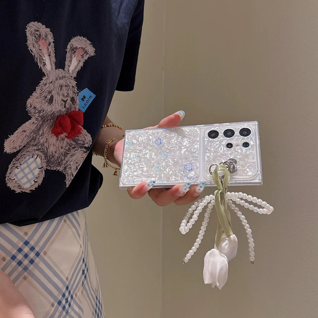 Tulip Flower Pendant Chain Glitter Bling Laser Heart Phone Case For Samung Galaxy A07 A17 A27 A37 A57 A06 A16 A26 A36 A56 Cover