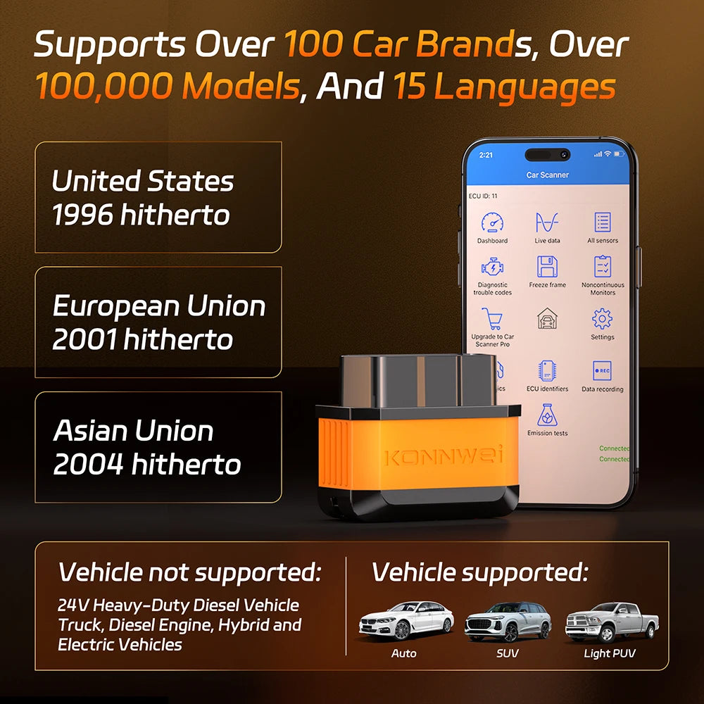 KONNWEI KW905 ELM327 OBD2 Car Scanner Bluetooth 5.0 Engine Fault Scanner Tool OBDII Code Reader Diagnostic Tool for Android/IOS Car Mobile World