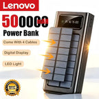 Lenovo 500000mAh Solar Power Bank Built in 4 Cables Portable External Battery with LED Light Powerbank For iPhone Samsung Huawei