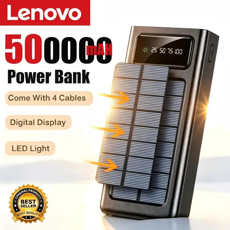 Lenovo 500000mAh Solar Power Bank Built in 4 Cables Portable External Battery with LED Light Powerbank For iPhone Samsung Huawei