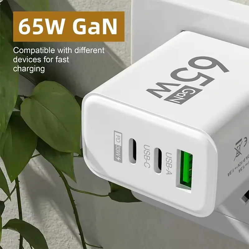 GAN Fast Charging 65W USB European plug qc3.0 EU KR PD Fast charging head is suitable for Xiaomi Huawei Samsung mobile phone cha Car Mobile World