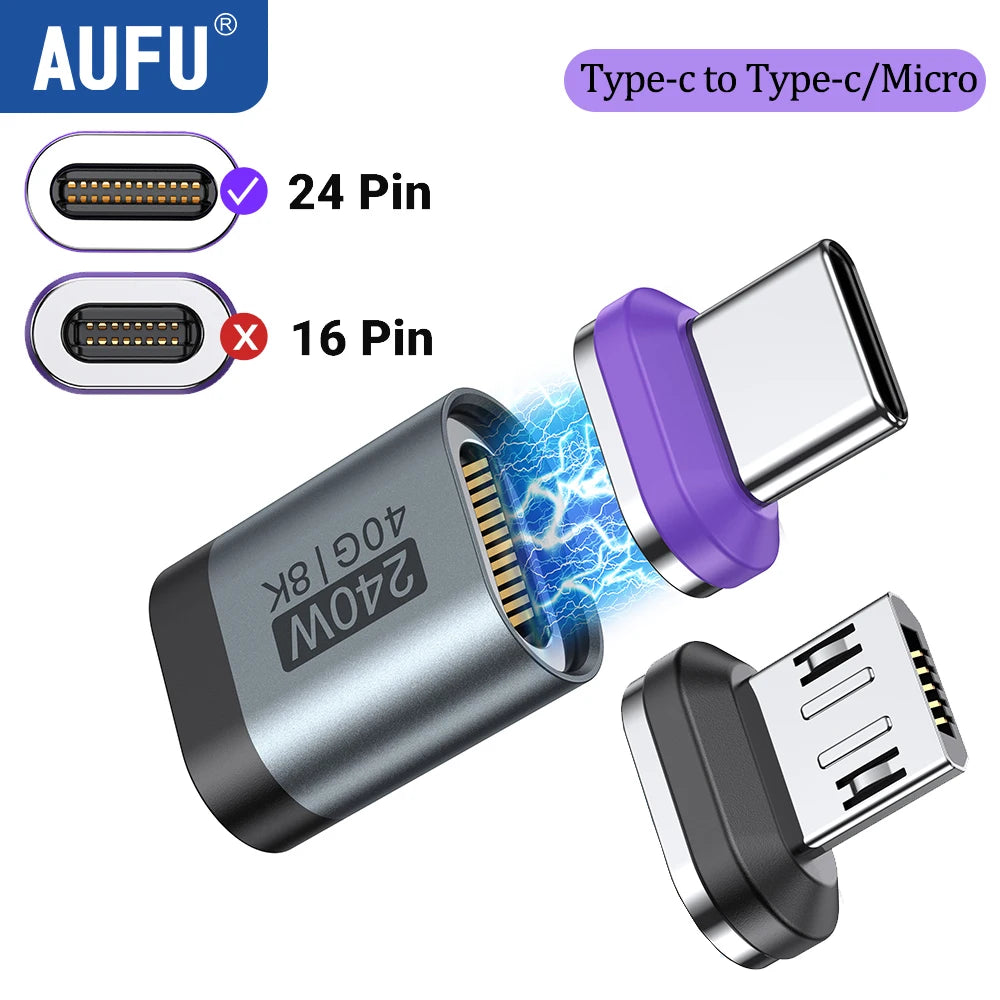 AUFU 240W Magnetic USB C Adapter Fast Charging Type C to USB C USB4 Connector 40Gbps 8K60Hz for Thunderbolt 4 3 iPhone16 Macbook