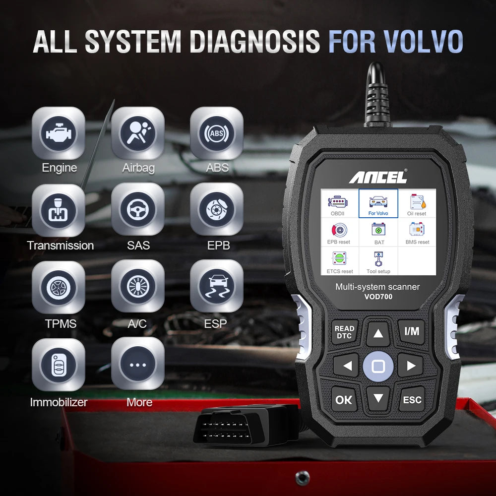ANCEL OBD2 Scanner VOD700 ABS Bleeding Injector Oil ETC BMS EPB TPMS D.PF Reset for Volvo Car Code Reader Diagnostic Scan Tool Car Mobile World