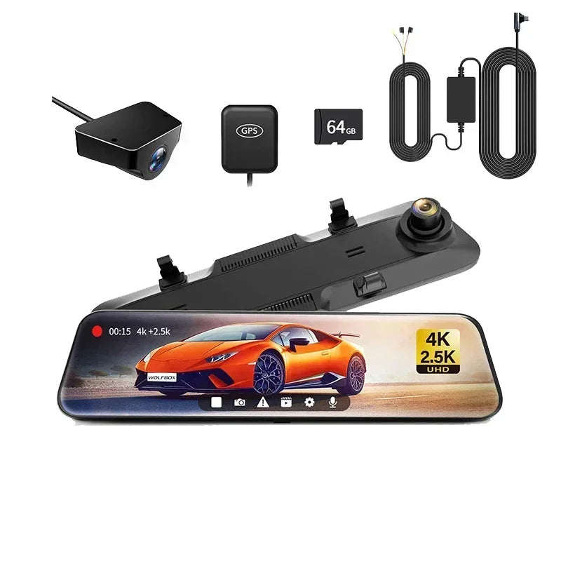 WOLFBOX G900 4K+2.5K Rearview Dash Cam 12" IPS Screen WDR 170 FOV Rear Cam Gps Mirror Car Recorder Stream Media Car DVR Car Mobile World