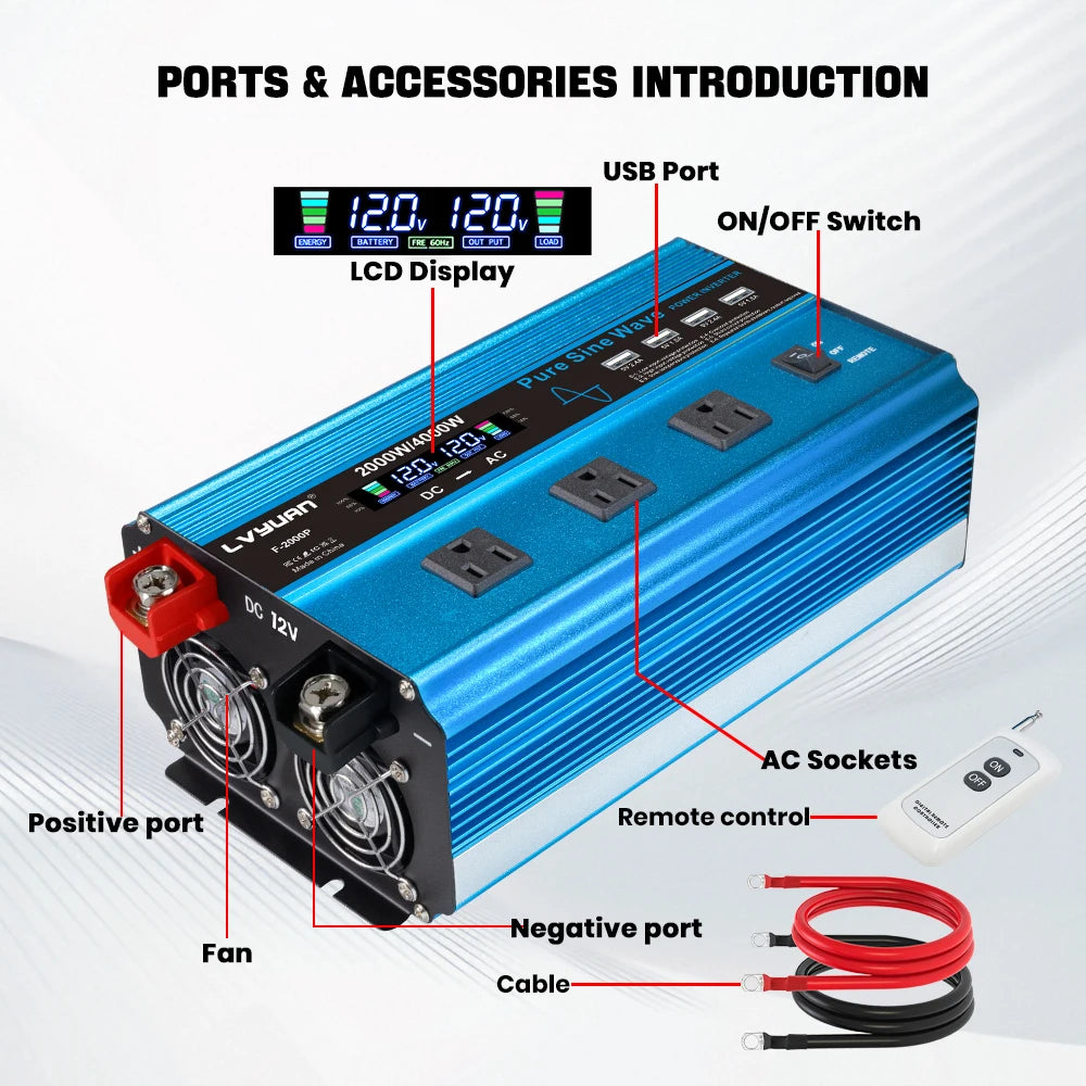 4000W Pure Sine Wave Inverter DC 12v/24v To AC 110v 60HZ Voltage Converter Car Solar Power Inverter CM World