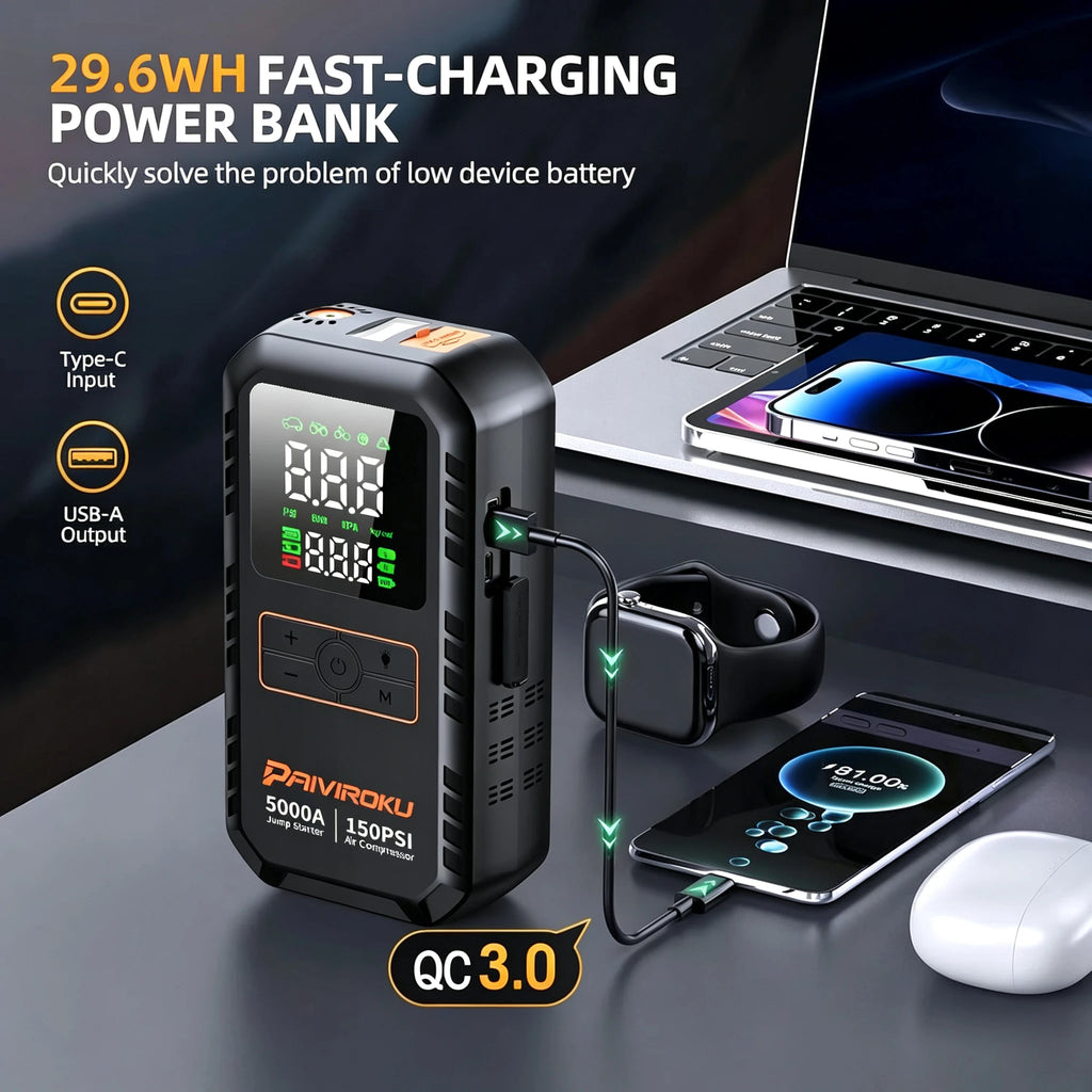 5000A Car Battery Jump Starter with Air Compressor 150PSI Air Pump 12V Auto Battery Booster Power Bank Portable Tire Inflator