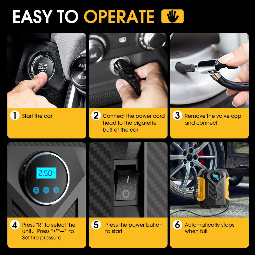 Carsun 150Psi 12V Inflator: Digital Display, Led Light, Smart Tire Pressure, 3m Cord—For Cars, Bikes, Balls CM World
