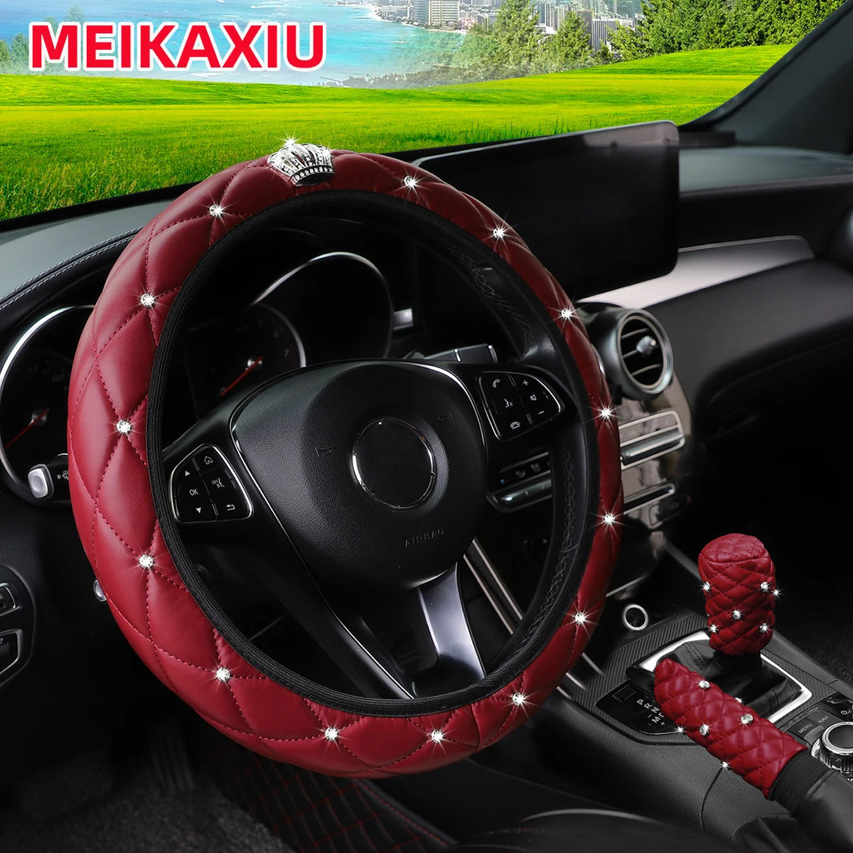 Soft leather crown diamond car without inner ring steering wheel cover, gear shift cover, handbrake cover, 3-piece set CM World
