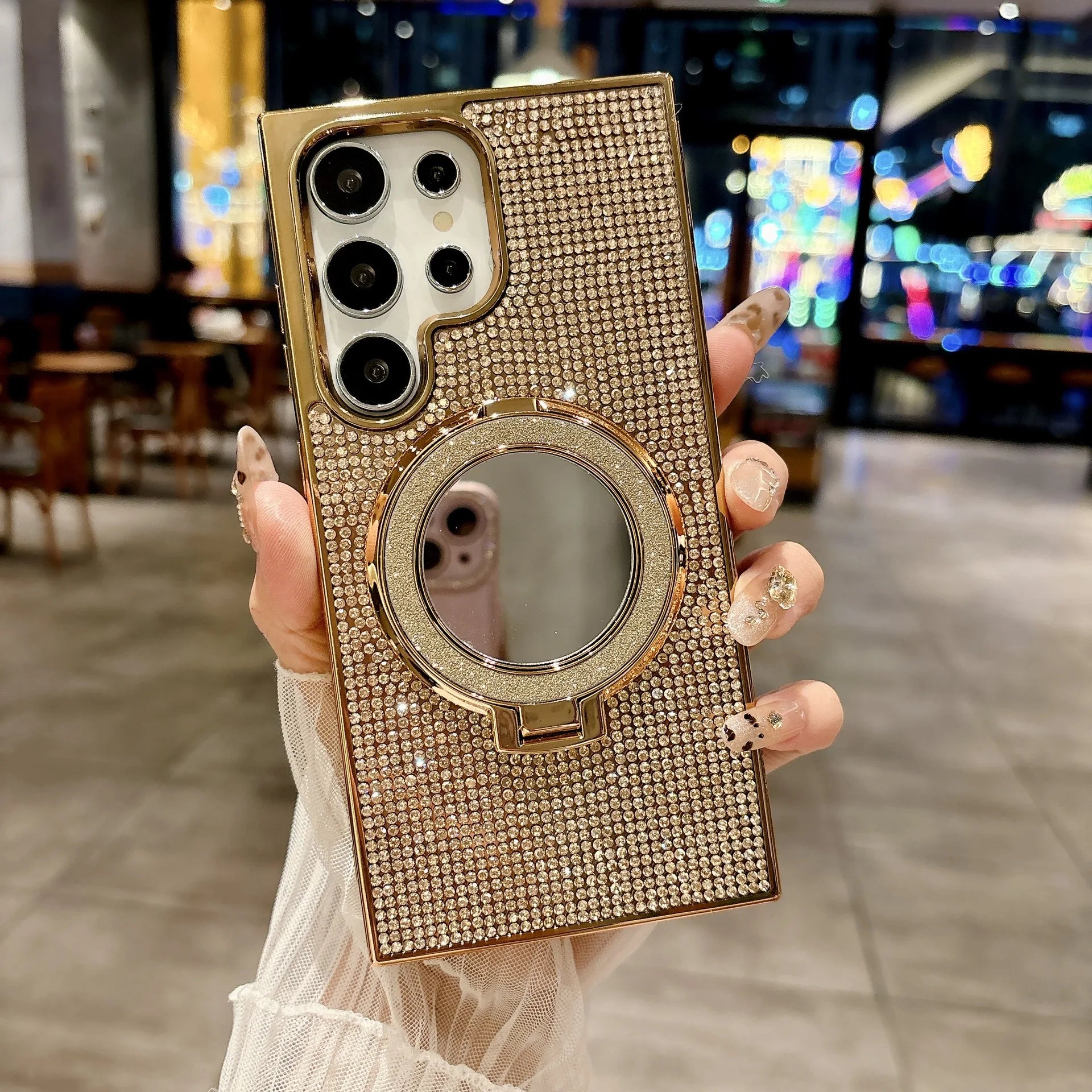 Glitter Stand Mirror Magnetic Cover For Samsung Galaxy S26 S25 Plus S22 S23 S24 Ultra Plating Folding Bracket Diamond Phone Case