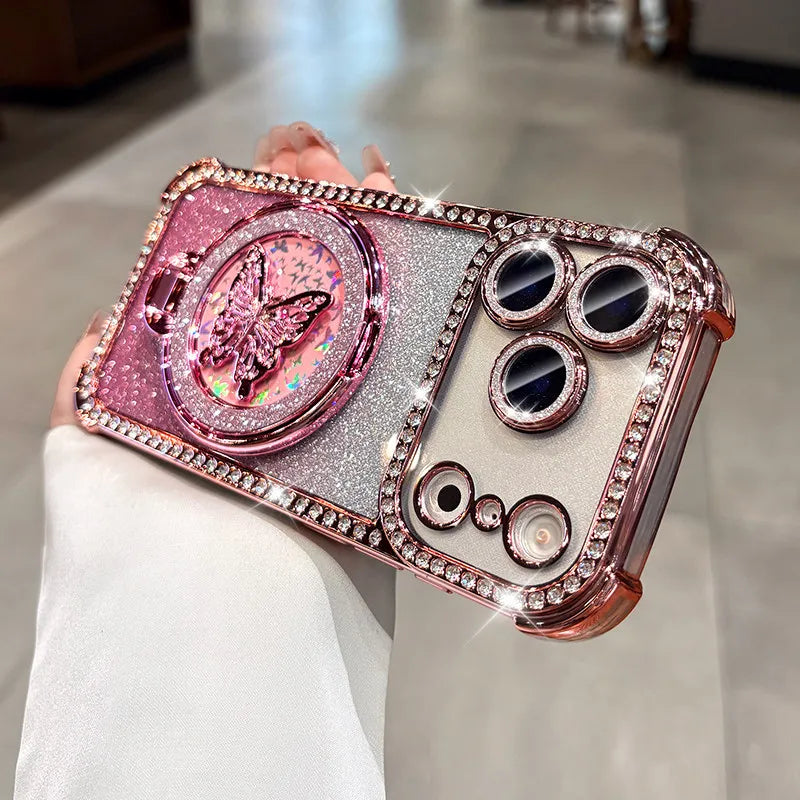 Butterfly Stand Holder Cases For iPhone 17 Pro Max Glitter Diamond Airbag Plating TPU Cover For iPhone 13 14 15 16 17 Pro Max