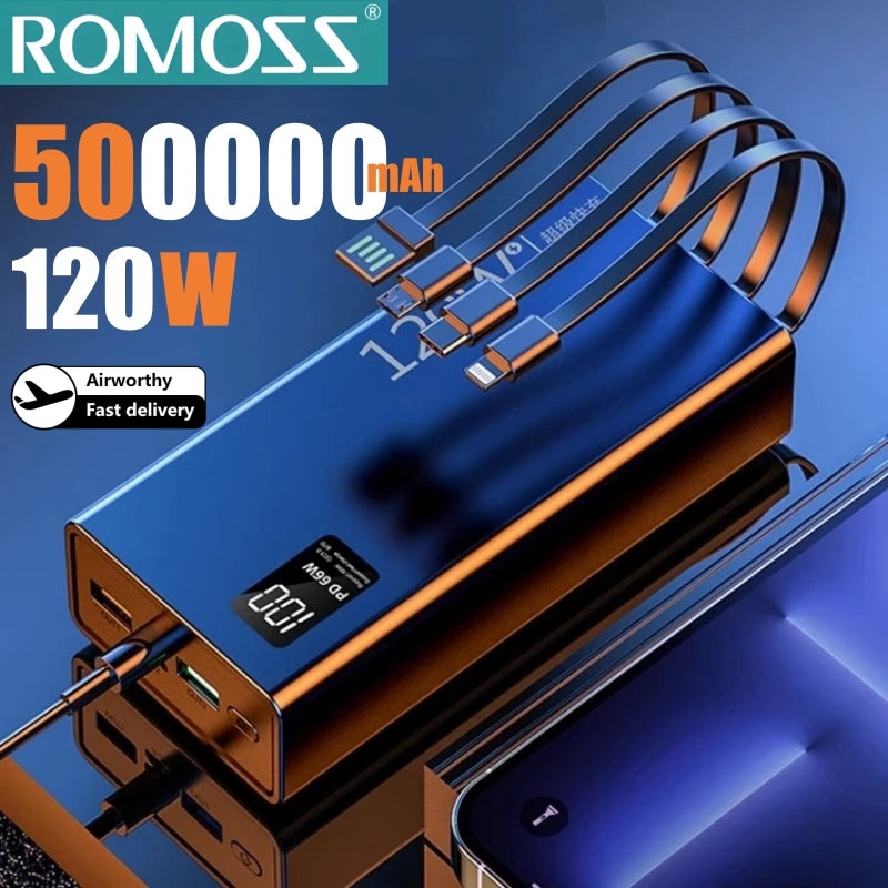 ROMOSS 120W 500000mAh Power Bank Large Capacity Fast Charging Built in 4 Cables Portable External Battery for iPhone Huawei New