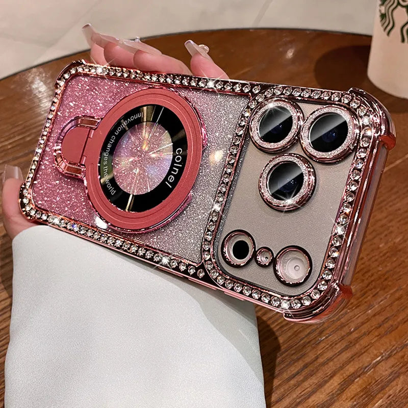 for Magsafe Bracket Case for iPhone 17 16 15 14 13 Pro Max Stand Holder Luxury Girl's Bling Diamond Bumper Camera Soft TPU Cover