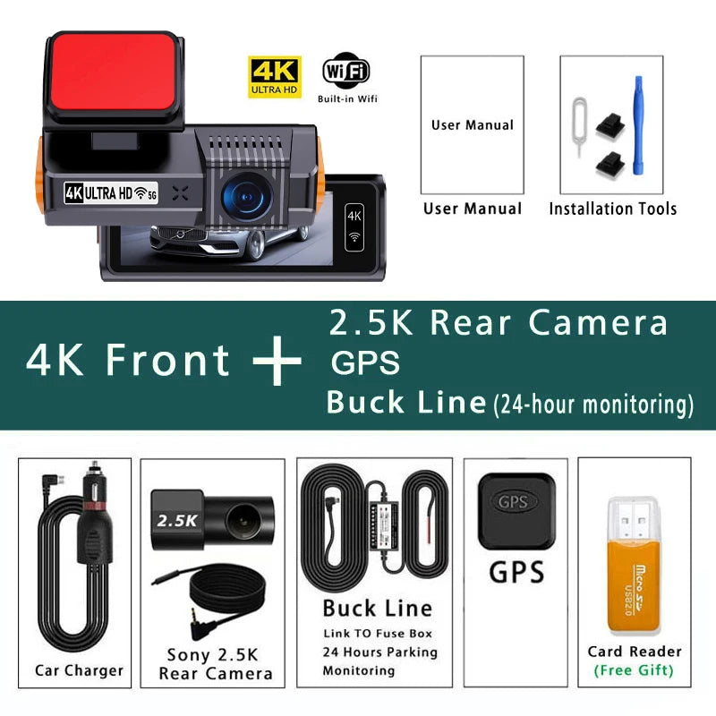 UHD 4K+2.5K 2160P Dual Lens ADAS Dash Cam with WiFi GPS Mini Car DVR 2.5K Rear Camera Video Dashcam Drive Recorder Black Box