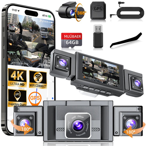 4K 360° 4-Channel Dash Cam with 5.8GHz WiFi & GPS | 4K Front+1080P Left/Right/Rear, 3" IPS Screen, Night Vision, Loop Recording Car Mobile World