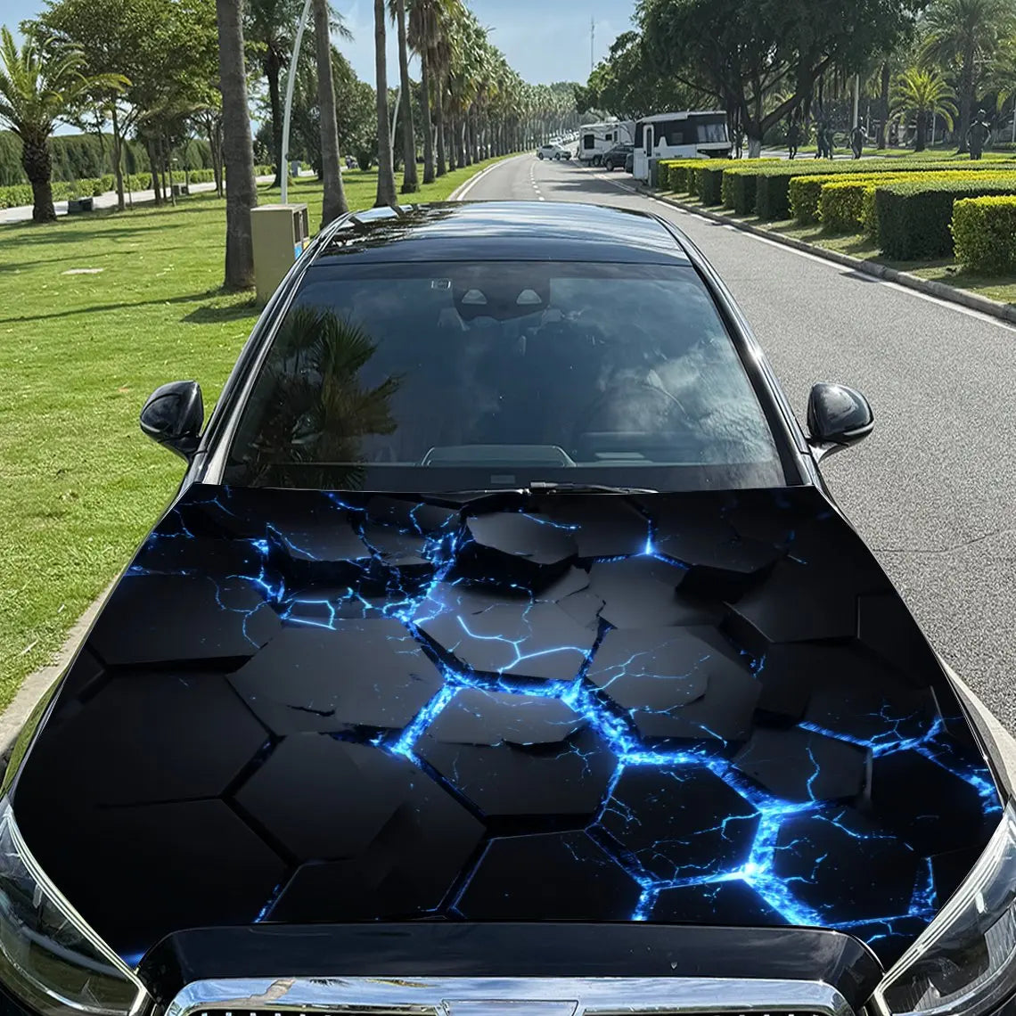 Electric Blue Cracks Hexagon Car Vinyl Wrap, PVC Material Waterproof Car Hood Sticker, Self-Adhesive Scratch-Resistant Stickers