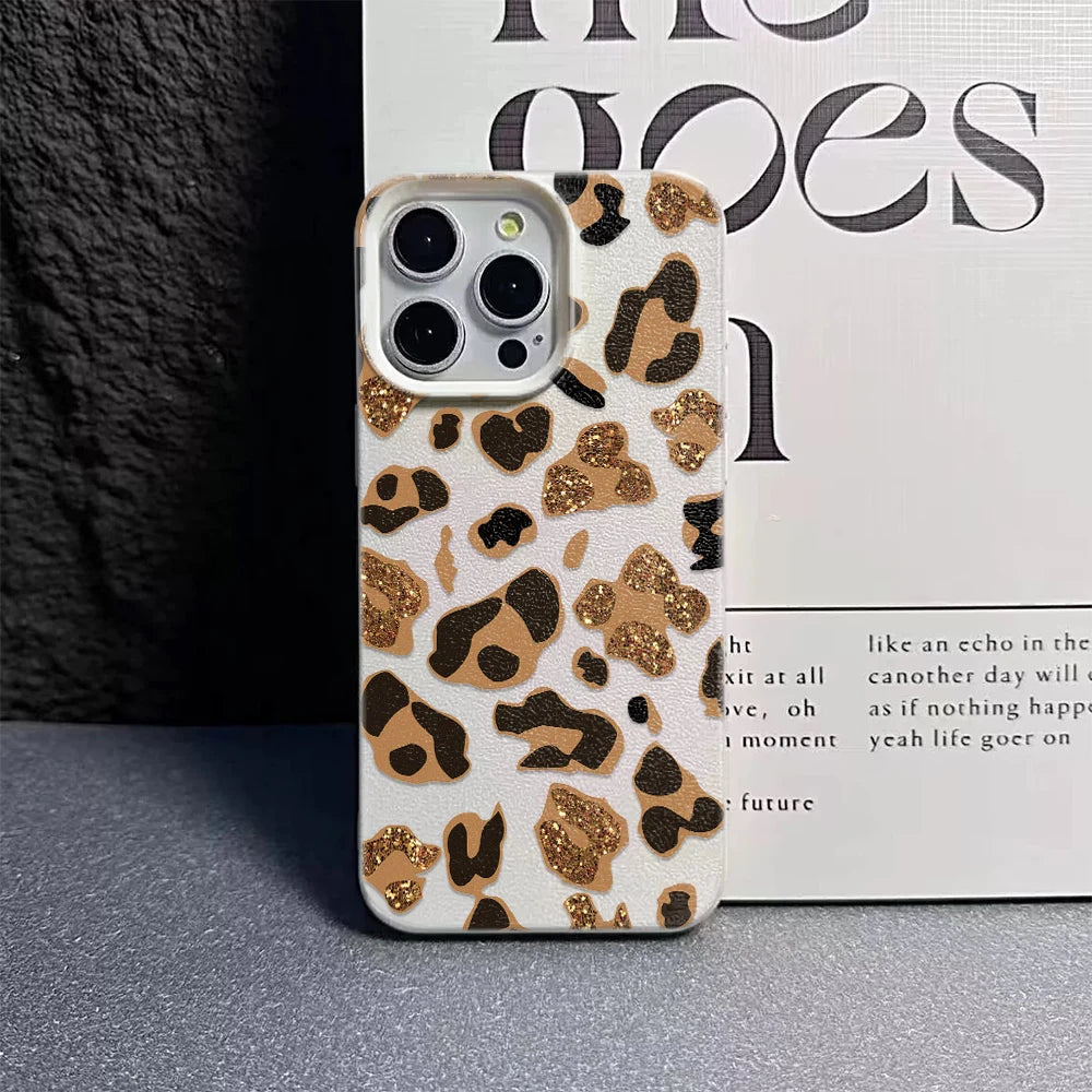 Leopard Print Glitter Case For Iphone 17 Pro Max 11 16 15 14 13 12 14 Plus 17E Air Soft Silicone Tpu Shockproof Cover